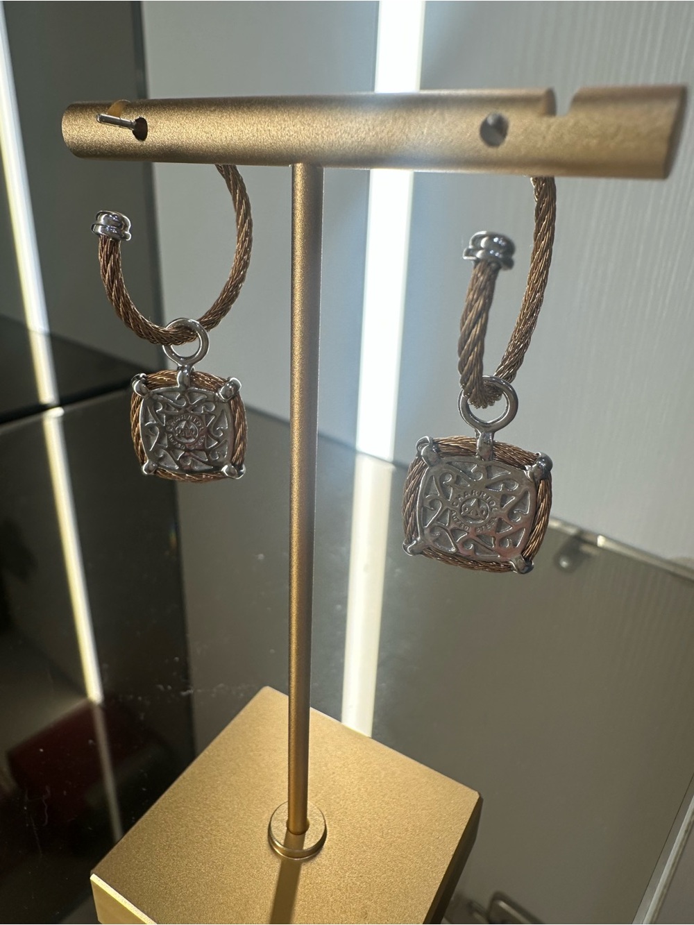 Two-Tone Yellow Gold and Silver Cable Drop Earrings with Pave Accents & Diamonds - Picture 4 of 9